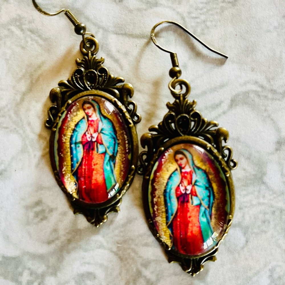 Our Lady of Guadalupe Dangle Earrings Vintage Style Brass Setting